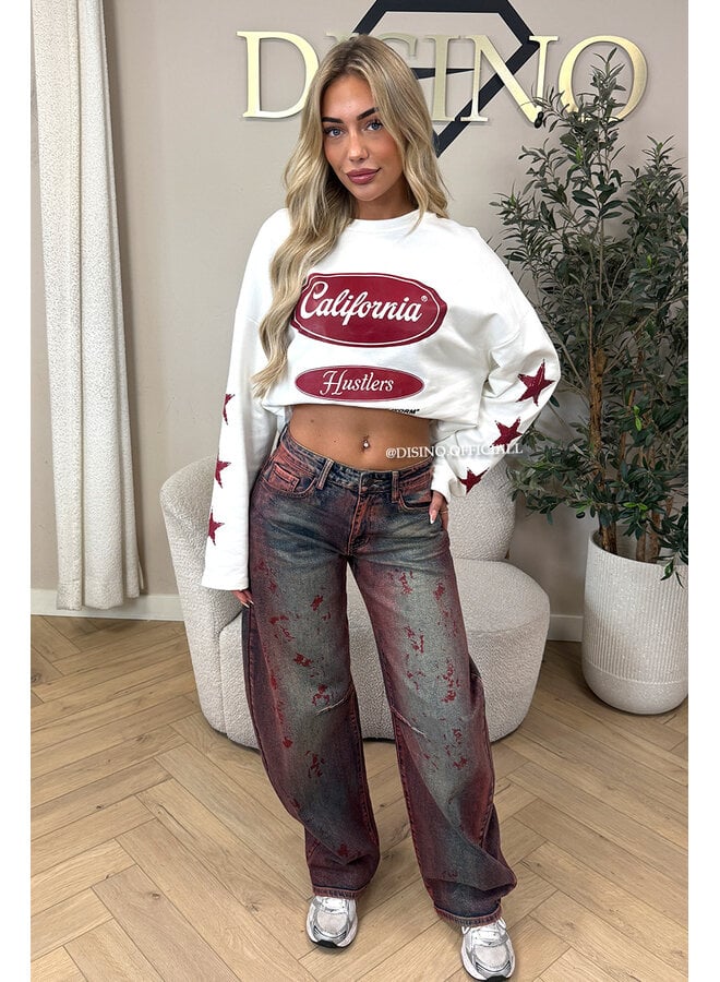 WHITE - 'CALIFORNIA HUSTLER' - OVERSIZED LONGSLEEVE TOP