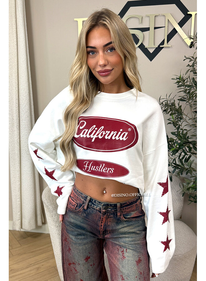 WHITE/BURGUNDY - 'CALIFORNIA HUSTLER' - OVERSIZED LONGSLEEVE TOP