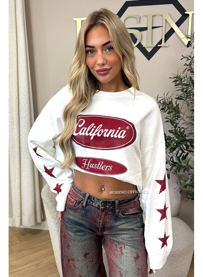WHITE - 'CALIFORNIA HUSTLER' - OVERSIZED LONGSLEEVE TOP