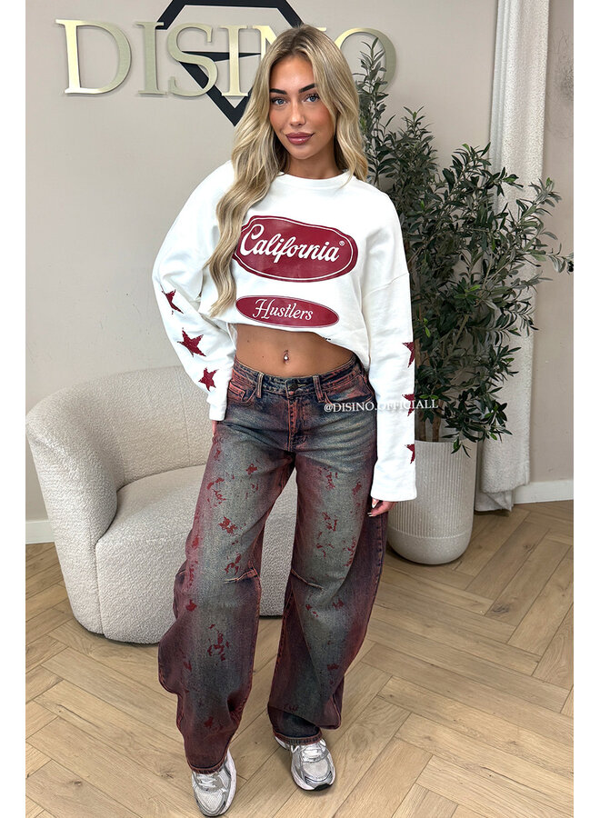 WHITE/BURGUNDY - 'CALIFORNIA HUSTLER' - OVERSIZED LONGSLEEVE TOP