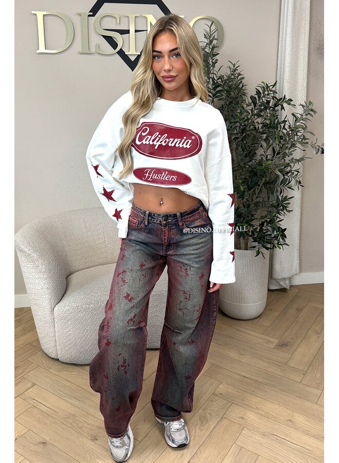 WHITE - 'CALIFORNIA HUSTLER' - OVERSIZED LONGSLEEVE TOP