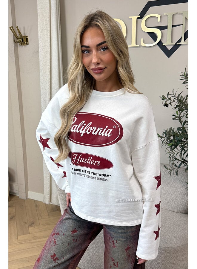WHITE - 'CALIFORNIA HUSTLER' - OVERSIZED LONGSLEEVE TOP