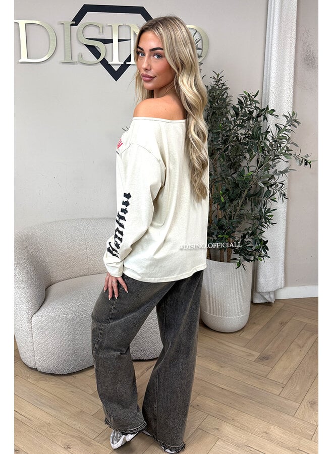 BEIGE - 'MARIEL LONGSLEEVE' - OVERSIZED OFF SHOULDER LONGSLEEVE TOP