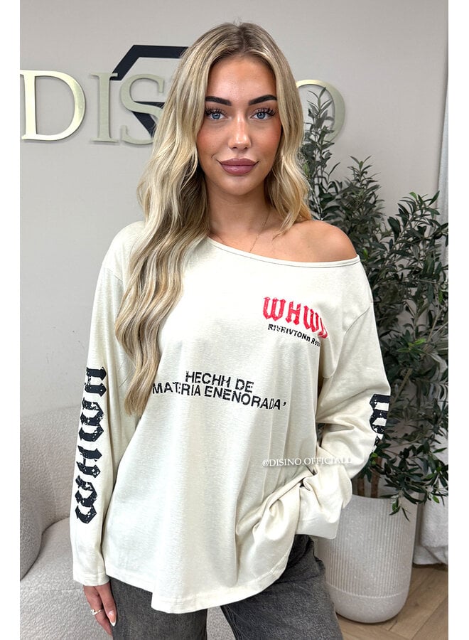 BEIGE - 'MARIEL LONGSLEEVE' - OVERSIZED OFF SHOULDER LONGSLEEVE TOP