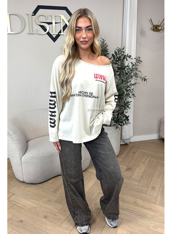 BEIGE - 'MARIEL LONGSLEEVE' - OVERSIZED OFF SHOULDER LONGSLEEVE TOP
