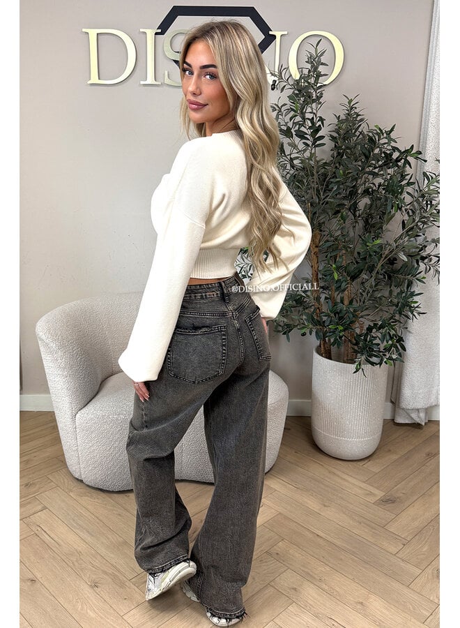WASHED TAUPE - 'NOIRA JEANS' - HIGH WAIST WIDE LEG STRETCH JEANS