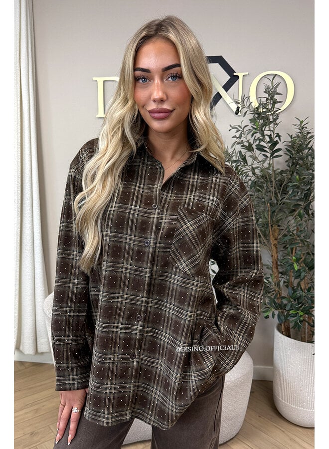 CHOCO/BEIGE - 'LORENA BLOUSE' - DIAMONDS ALL OVER OVERSIZED CHECKED BLOUSE