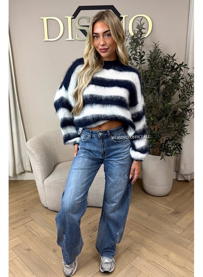NAVY/WHITE - 'NOELIA KNIT' - OVERSIZED FLUFFY MOHAIR STRIPED KNIT