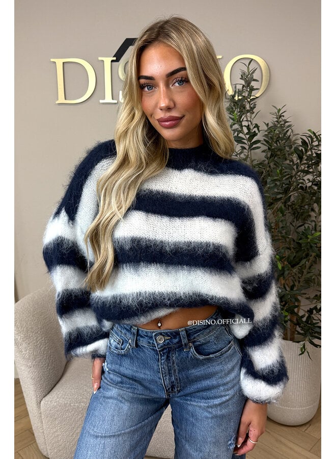 NAVY/WHITE - 'NOELIA KNIT' - OVERSIZED FLUFFY MOHAIR STRIPED KNIT