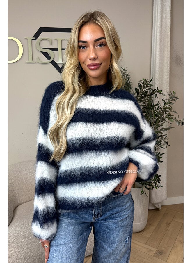 NAVY/WHITE - 'NOELIA KNIT' - OVERSIZED FLUFFY MOHAIR STRIPED KNIT