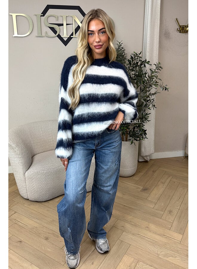 NAVY/WHITE - 'NOELIA KNIT' - OVERSIZED FLUFFY MOHAIR STRIPED KNIT