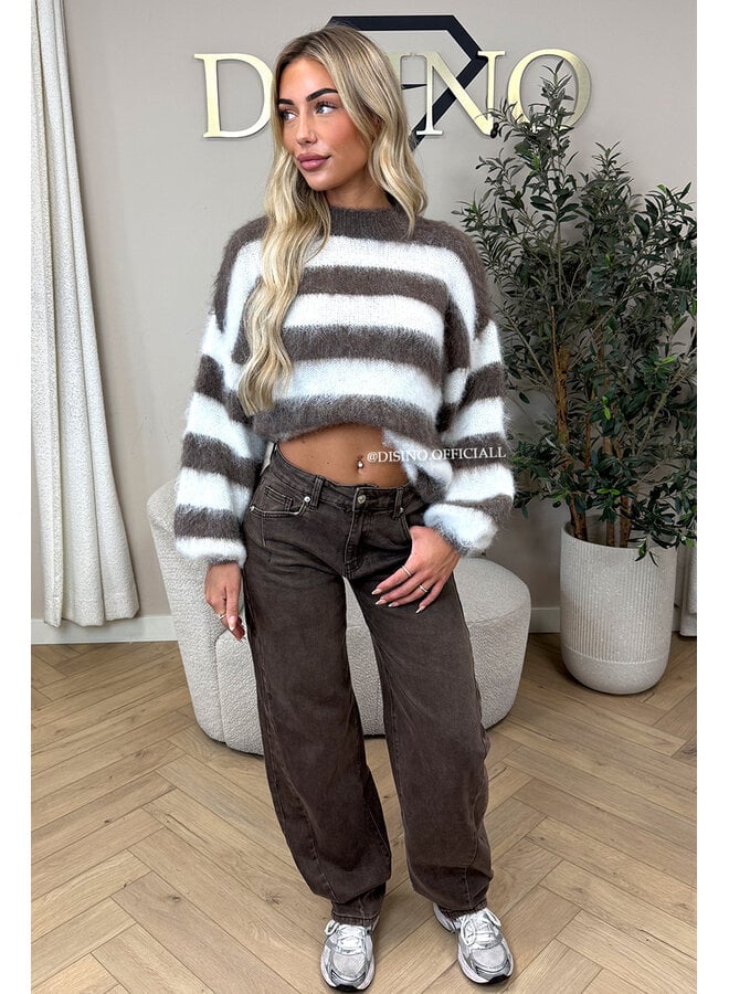 TAUPE/WHITE - 'NOELIA KNIT' - OVERSIZED FLUFFY MOHAIR STRIPED KNIT