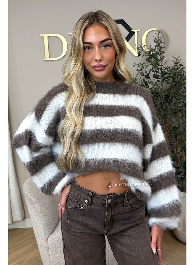 TAUPE/WHITE - 'NOELIA KNIT' - OVERSIZED FLUFFY MOHAIR STRIPED KNIT