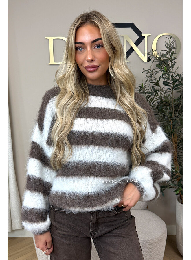 TAUPE/WHITE - 'NOELIA KNIT' - OVERSIZED FLUFFY MOHAIR STRIPED KNIT