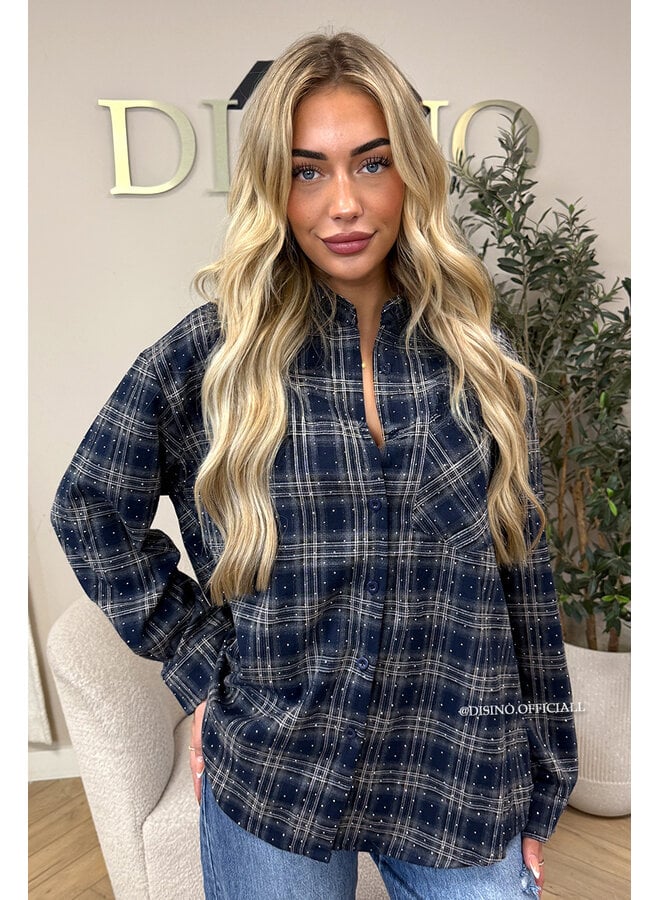 NAVY BLUE - 'LORENA BLOUSE' - DIAMONDS ALL OVER OVERSIZED CHECKED BLOUSE