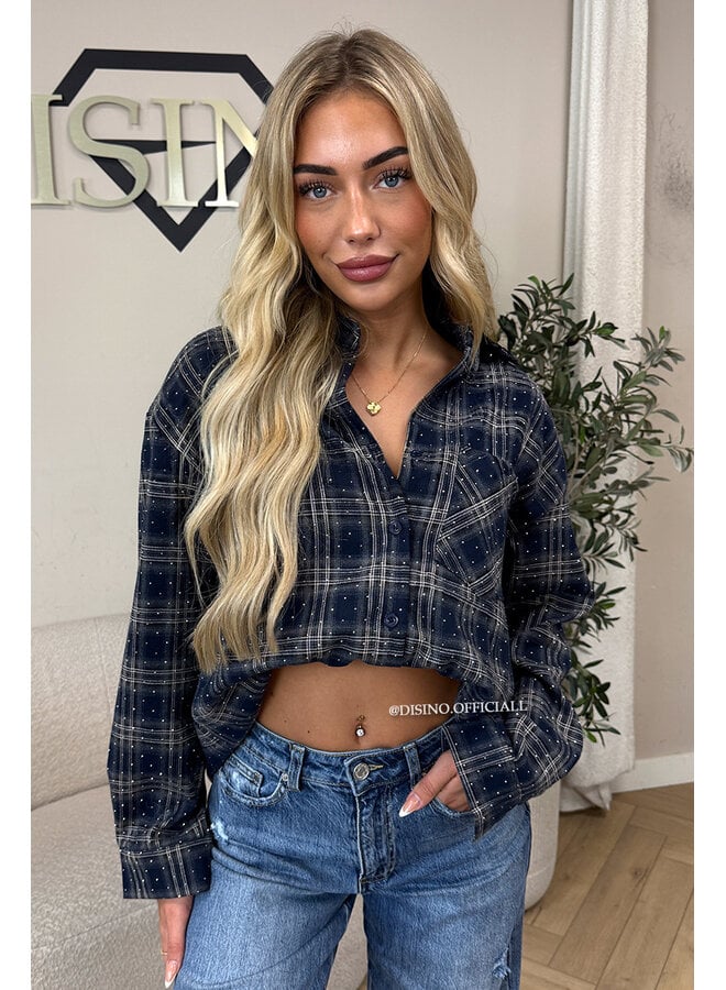 NAVY BLUE - 'LORENA BLOUSE' - DIAMONDS ALL OVER OVERSIZED CHECKED BLOUSE