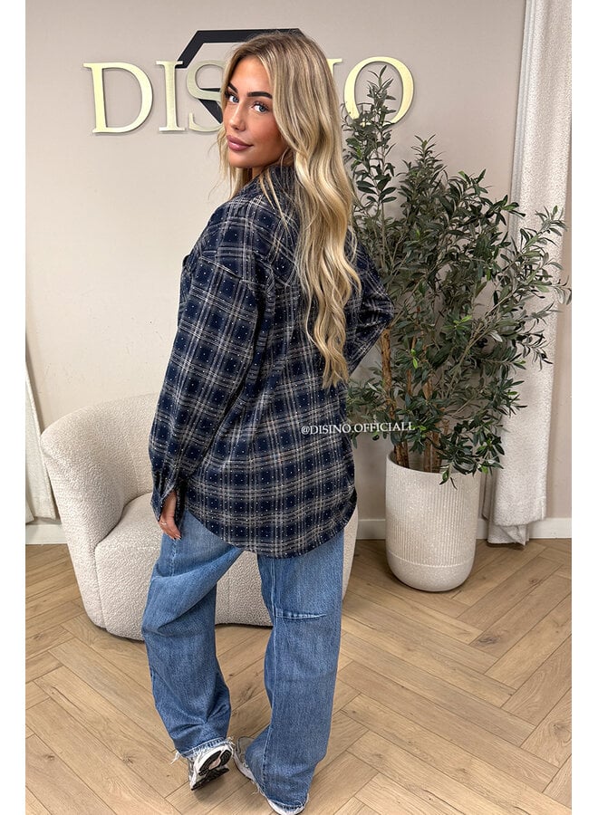 NAVY BLUE - 'LORENA BLOUSE' - DIAMONDS ALL OVER OVERSIZED CHECKED BLOUSE