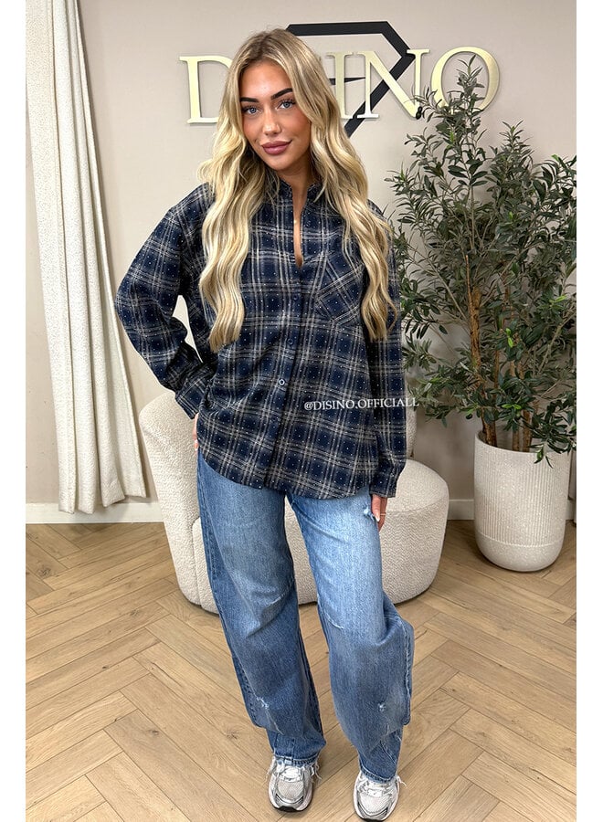NAVY BLUE - 'LORENA BLOUSE' - DIAMONDS ALL OVER OVERSIZED CHECKED BLOUSE
