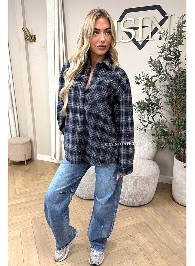 NAVY BLUE - 'LORENA BLOUSE' - DIAMONDS ALL OVER OVERSIZED CHECKED BLOUSE