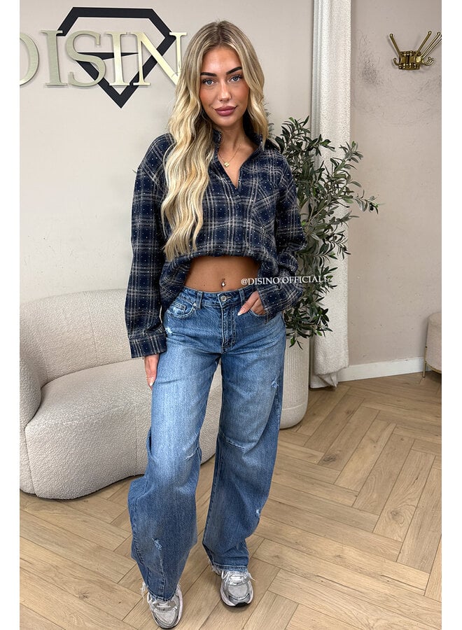 NAVY BLUE - 'LORENA BLOUSE' - DIAMONDS ALL OVER OVERSIZED CHECKED BLOUSE