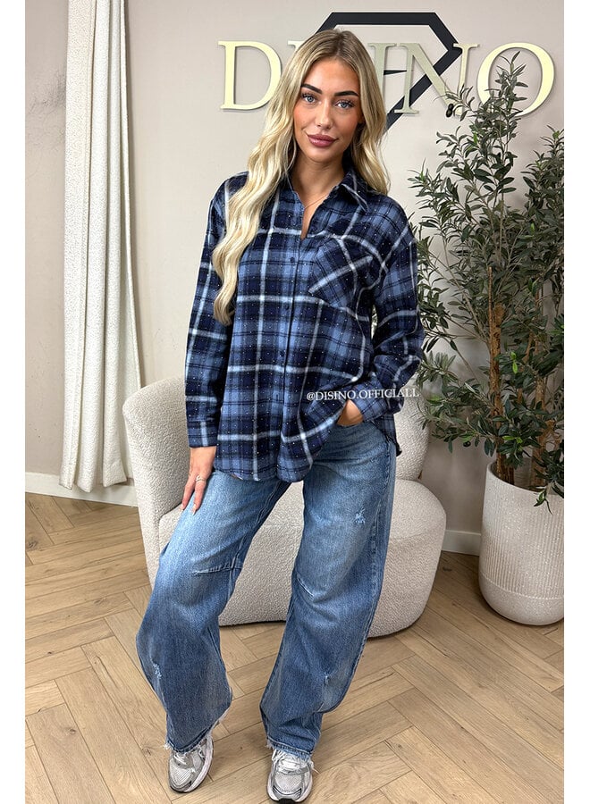 BLUE - 'MAUREEN BLOUSE' - DIAMONDS ALL OVER OVERSIZED CHECKED BLOUSE