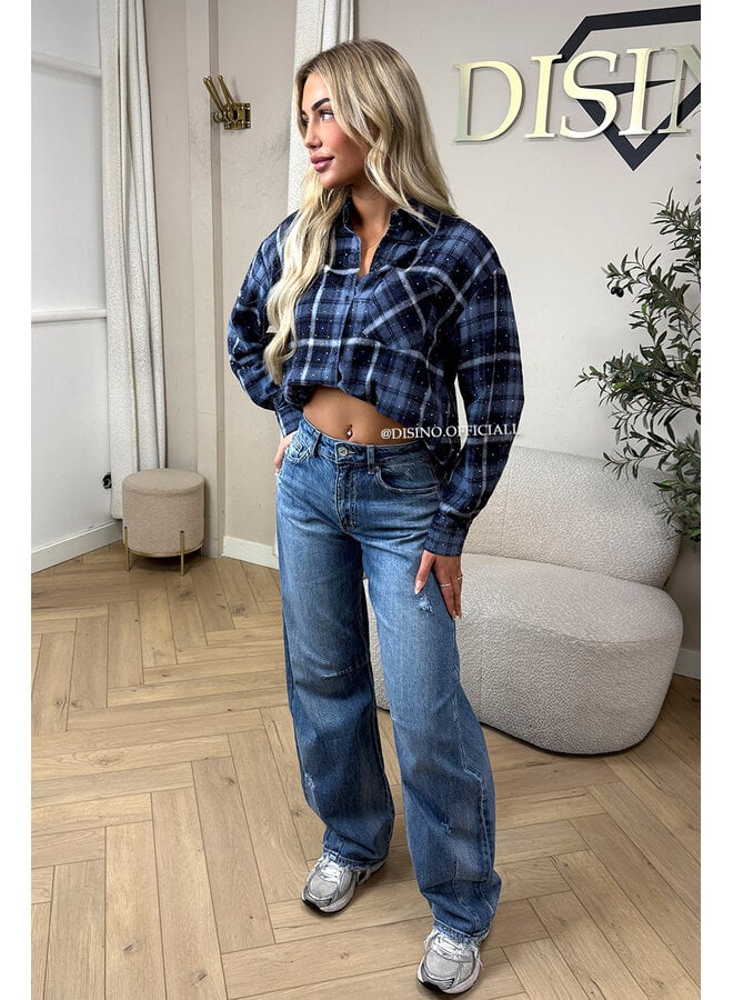 BLUE - 'MAUREEN BLOUSE' - DIAMONDS ALL OVER OVERSIZED CHECKED BLOUSE