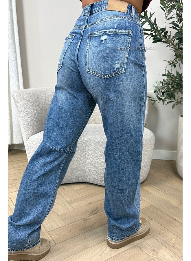 DARK BLUE - 'SEATTLE' - STRETCH DAMAGED BALLOON LEG JEANS