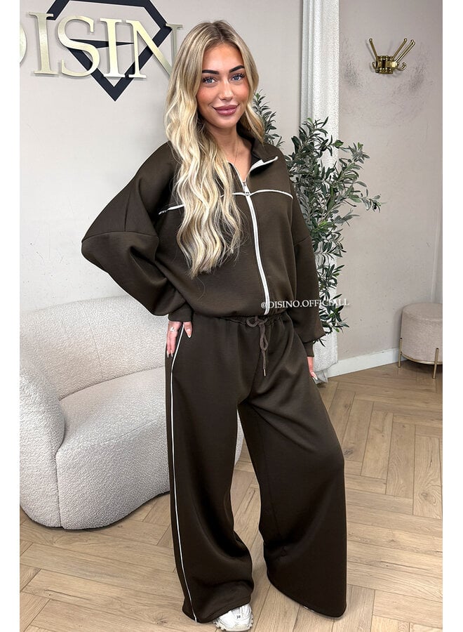 CHOCO - 'KYRA SET' - SPORTY CONTRAST PIPING JACKET + WIDE LEG PANTS SET