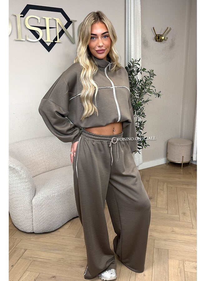 TAUPE - 'KYRA SET' - SPORTY CONTRAST PIPING JACKET + WIDE LEG PANTS SET