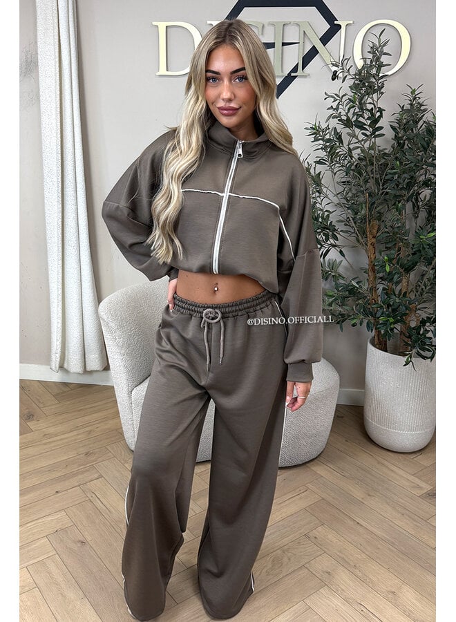 TAUPE - 'KYRA SET' - SPORTY CONTRAST PIPING JACKET + WIDE LEG PANTS SET