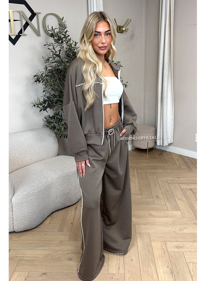 TAUPE - 'KYRA SET' - SPORTY CONTRAST PIPING JACKET + WIDE LEG PANTS SET
