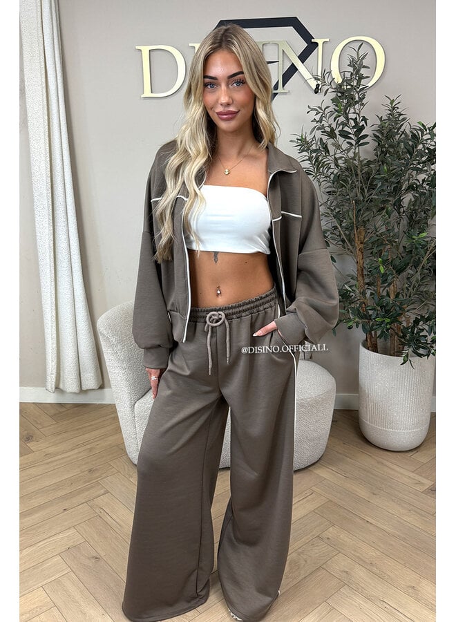 TAUPE - 'KYRA SET' - SPORTY CONTRAST PIPING JACKET + WIDE LEG PANTS SET