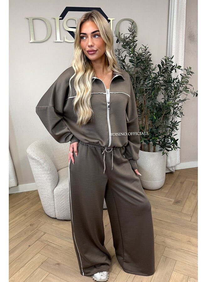 TAUPE - 'KYRA SET' - SPORTY CONTRAST PIPING JACKET + WIDE LEG PANTS SET