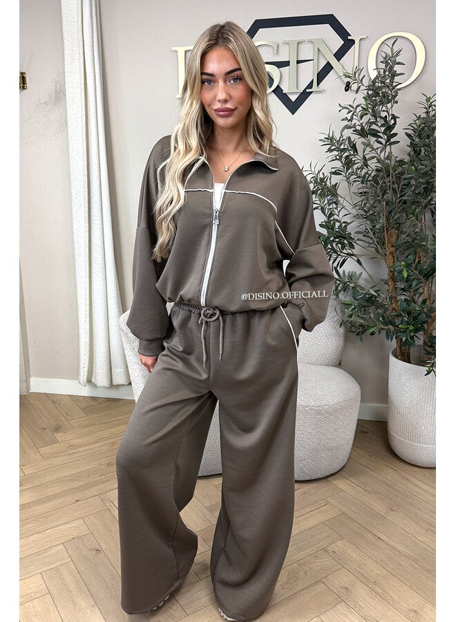 TAUPE - 'KYRA SET' - SPORTY CONTRAST PIPING JACKET + WIDE LEG PANTS SET