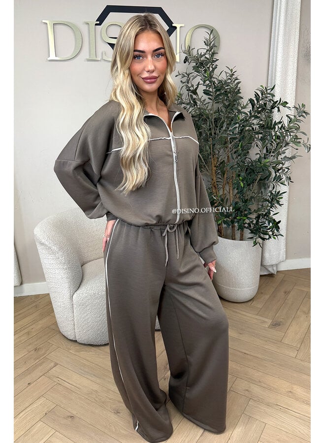TAUPE - 'KYRA SET' - SPORTY CONTRAST PIPING JACKET + WIDE LEG PANTS SET