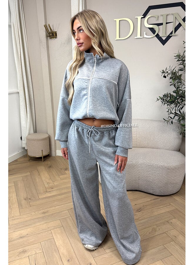 GREY - 'KYRA SET' - SPORTY CONTRAST PIPING JACKET + WIDE LEG PANTS SET