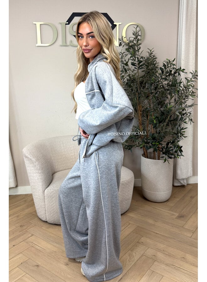 GREY - 'KYRA SET' - SPORTY CONTRAST PIPING JACKET + WIDE LEG PANTS SET