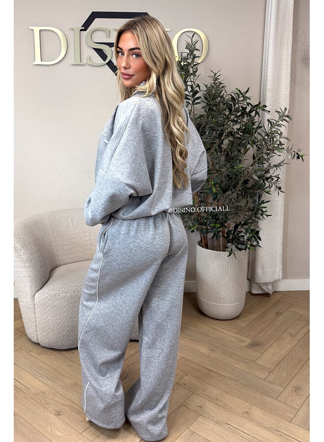 GREY - 'KYRA SET' - SPORTY CONTRAST PIPING JACKET + WIDE LEG PANTS SET
