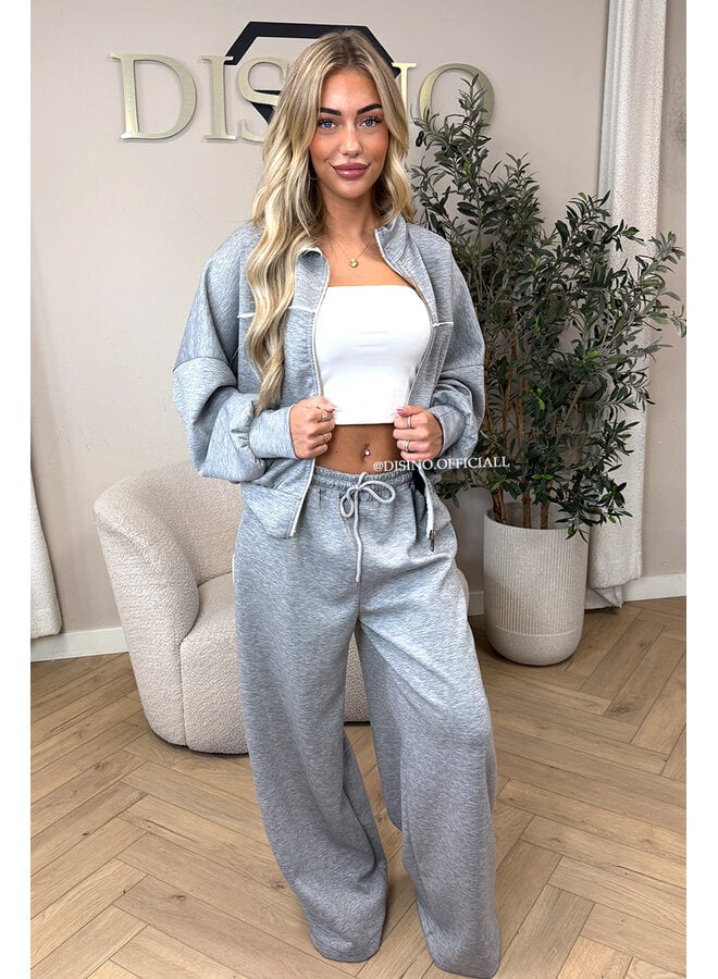 GREY - 'KYRA SET' - SPORTY CONTRAST PIPING JACKET + WIDE LEG PANTS SET