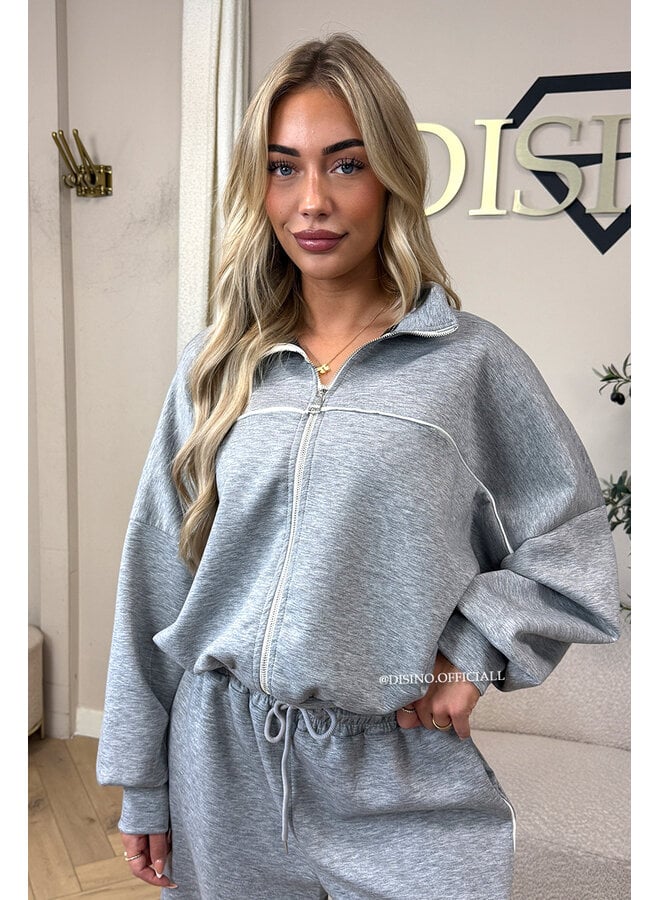 GREY - 'KYRA SET' - SPORTY CONTRAST PIPING JACKET + WIDE LEG PANTS SET