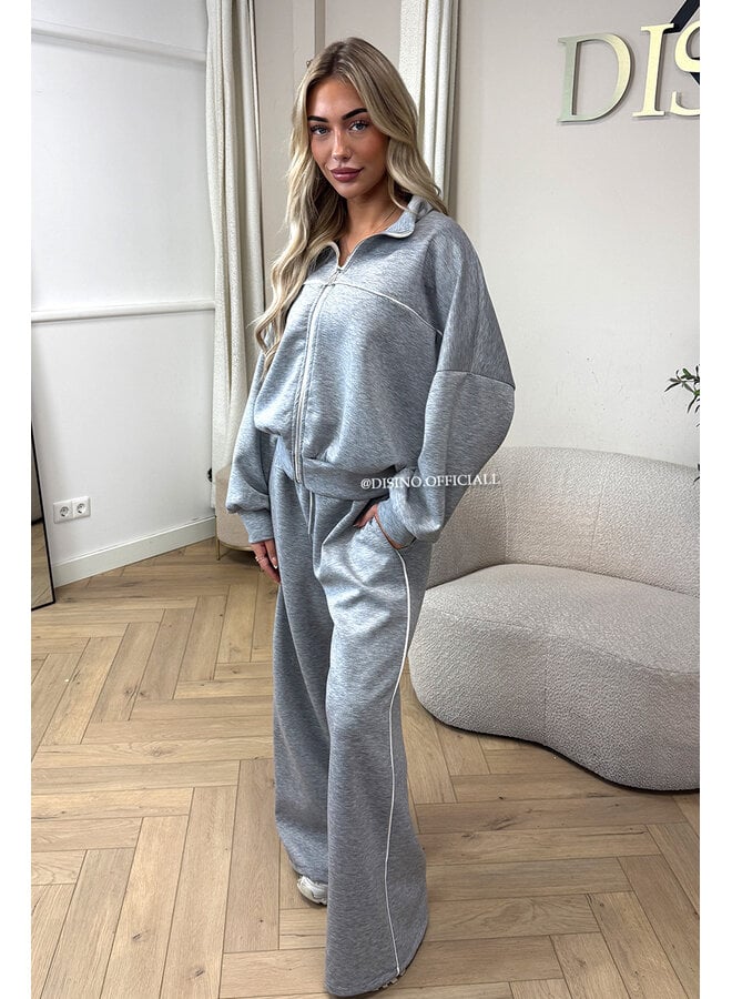 GREY - 'KYRA SET' - SPORTY CONTRAST PIPING JACKET + WIDE LEG PANTS SET