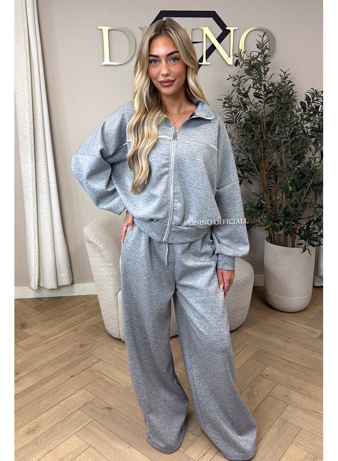 GREY - 'KYRA SET' - SPORTY CONTRAST PIPING JACKET + WIDE LEG PANTS SET
