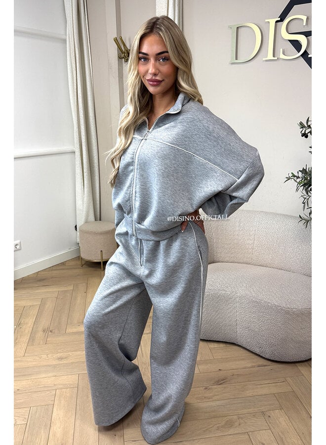 GREY - 'KYRA SET' - SPORTY CONTRAST PIPING JACKET + WIDE LEG PANTS SET