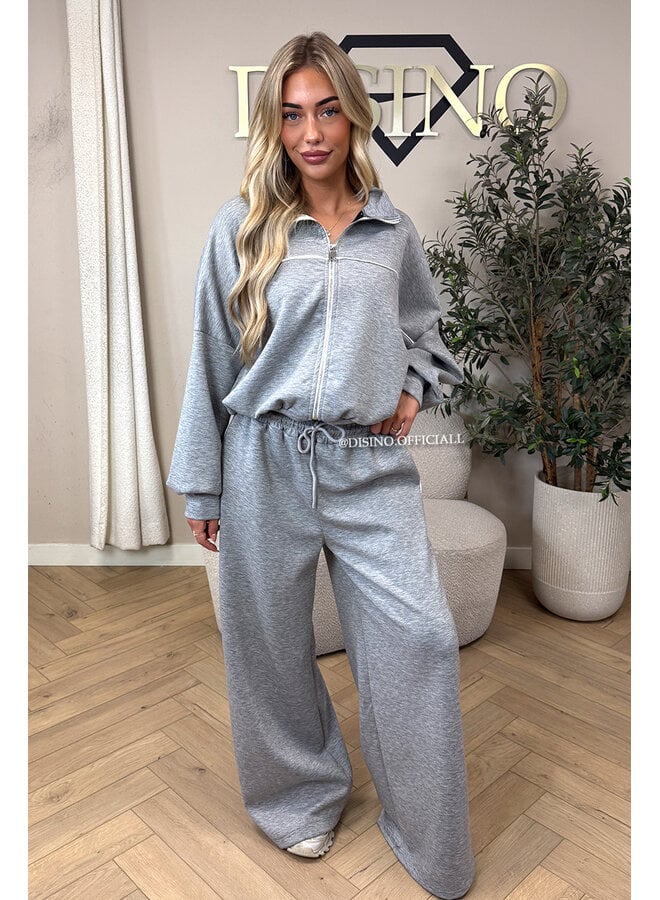 GREY - 'KYRA SET' - SPORTY CONTRAST PIPING JACKET + WIDE LEG PANTS SET