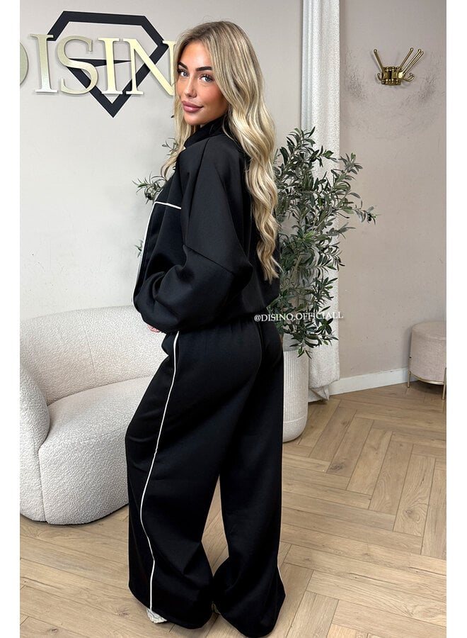 BLACK - 'KYRA SET' - SPORTY CONTRAST PIPING JACKET + WIDE LEG PANTS SET