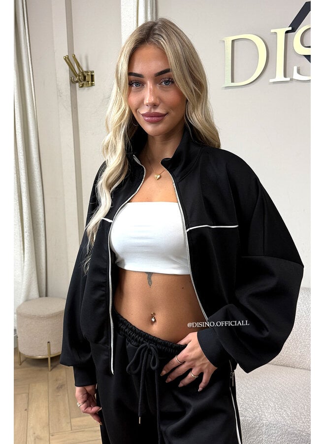 BLACK - 'KYRA SET' - SPORTY CONTRAST PIPING JACKET + WIDE LEG PANTS SET