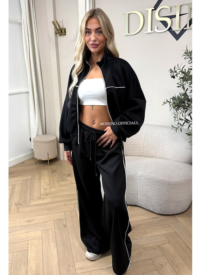 BLACK - 'KYRA SET' - SPORTY CONTRAST PIPING JACKET + WIDE LEG PANTS SET