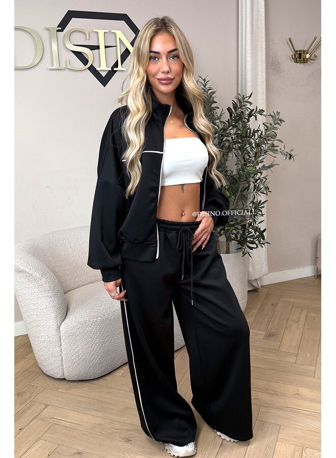 BLACK - 'KYRA SET' - SPORTY CONTRAST PIPING JACKET + WIDE LEG PANTS SET