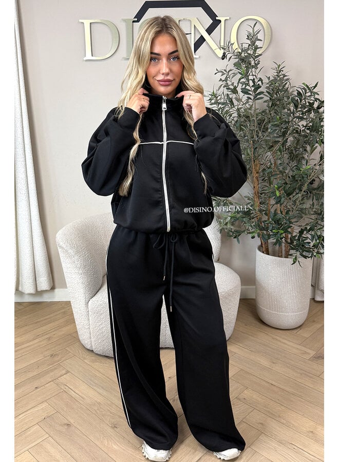 BLACK - 'KYRA SET' - SPORTY CONTRAST PIPING JACKET + WIDE LEG PANTS SET