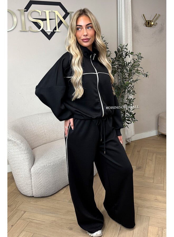 BLACK - 'KYRA SET' - SPORTY CONTRAST PIPING JACKET + WIDE LEG PANTS SET
